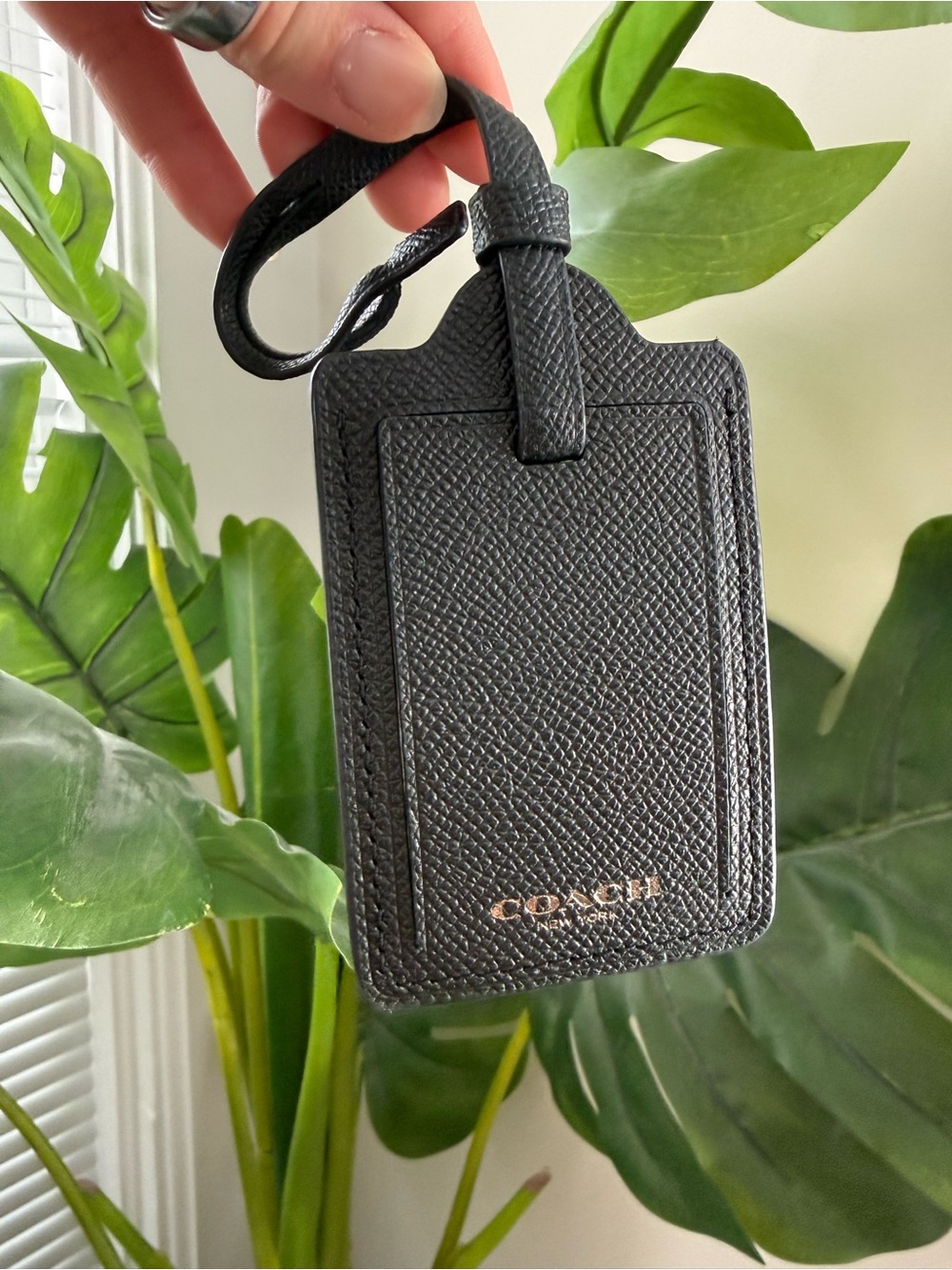 Coach Black Textured Leather Luggage Tag with Gold Logo